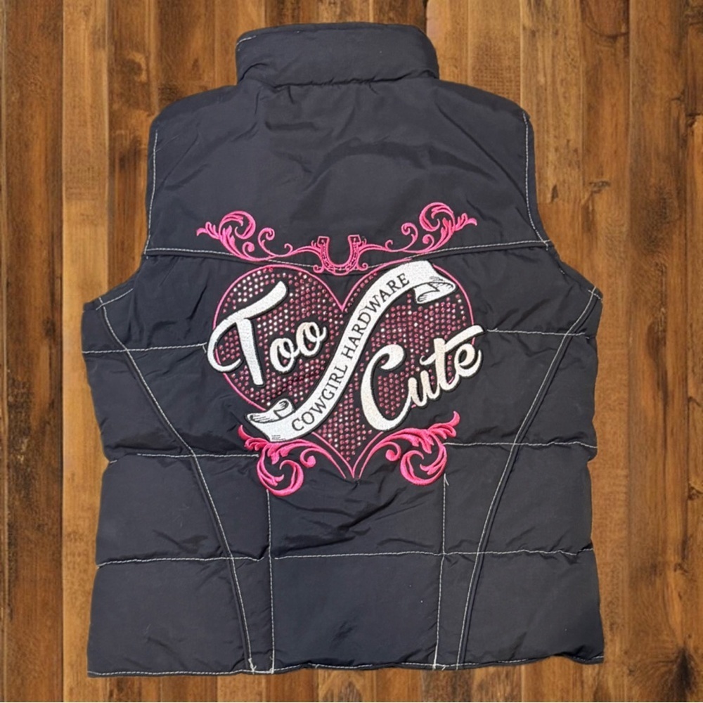 Cowgirl Hardware “Too Cute” Puffer Vest – Black & Pink Embroidered – Girls XS